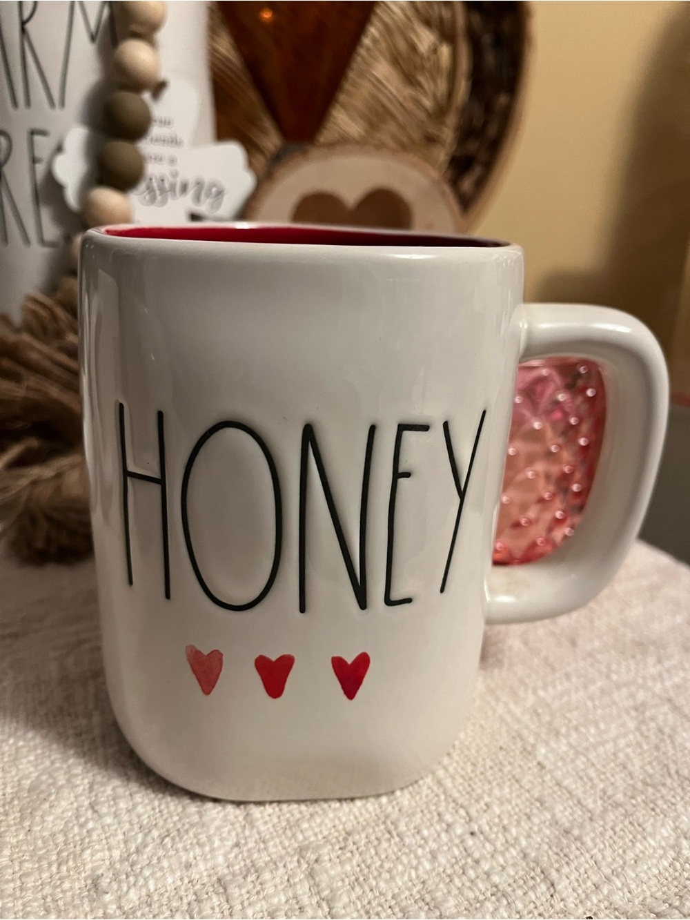 Rae Dunn White Mug with Pink Interior and Handle Accent